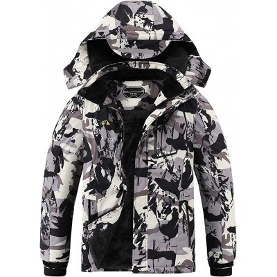 White Camouflage PrintedBoy's Waterproof Ski Jacket Warm Winter Snow Coat Fleece Snowboarding Jackets Thick Hooded Windproof Raincoat