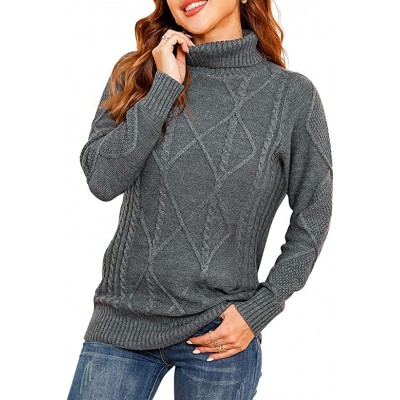 dark Grey Women's Turtleneck Cable Knit Long Sleeve Pullover Sweater